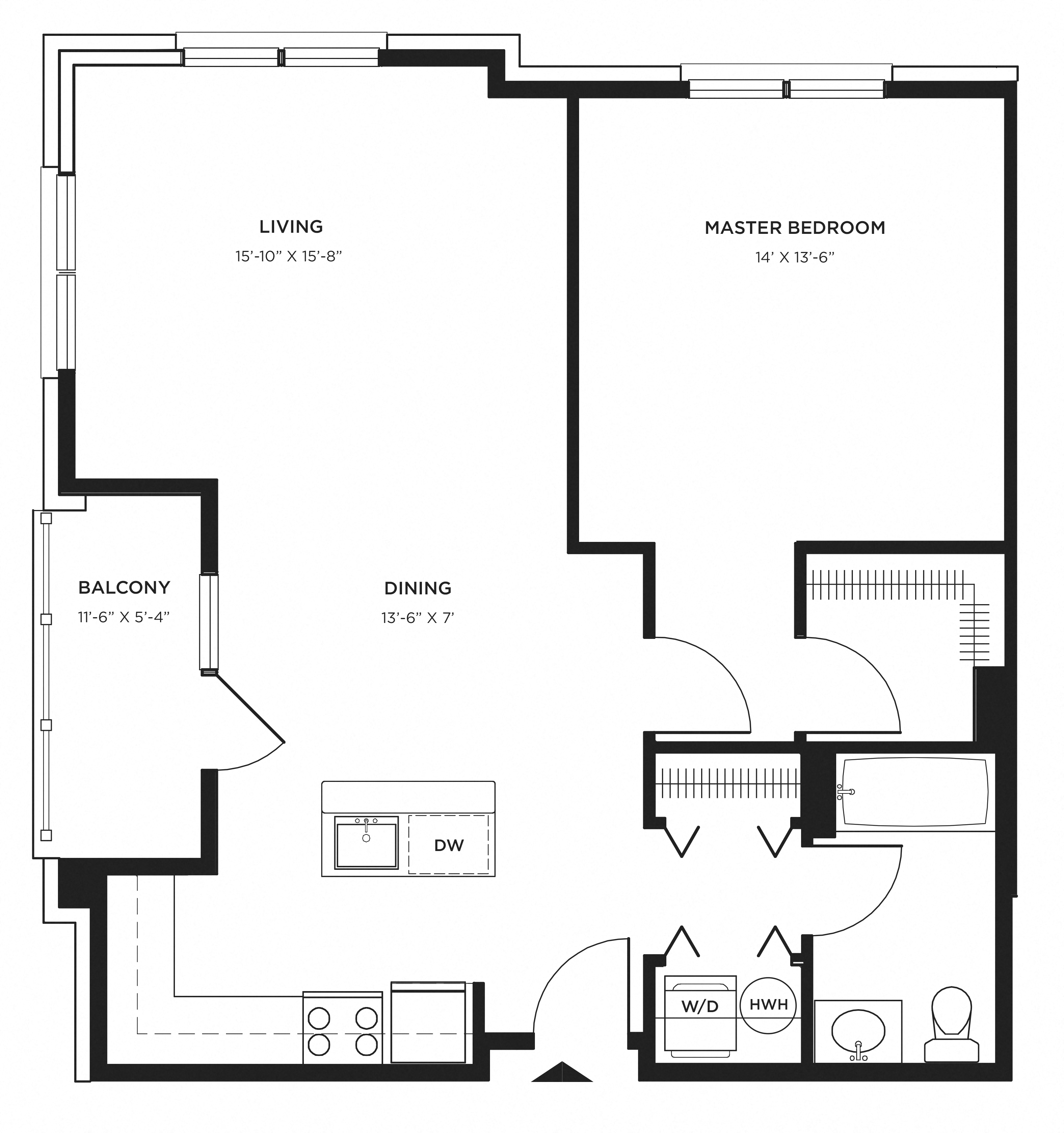 Floor plan for 1 bed, 1 bath, 854 sqft